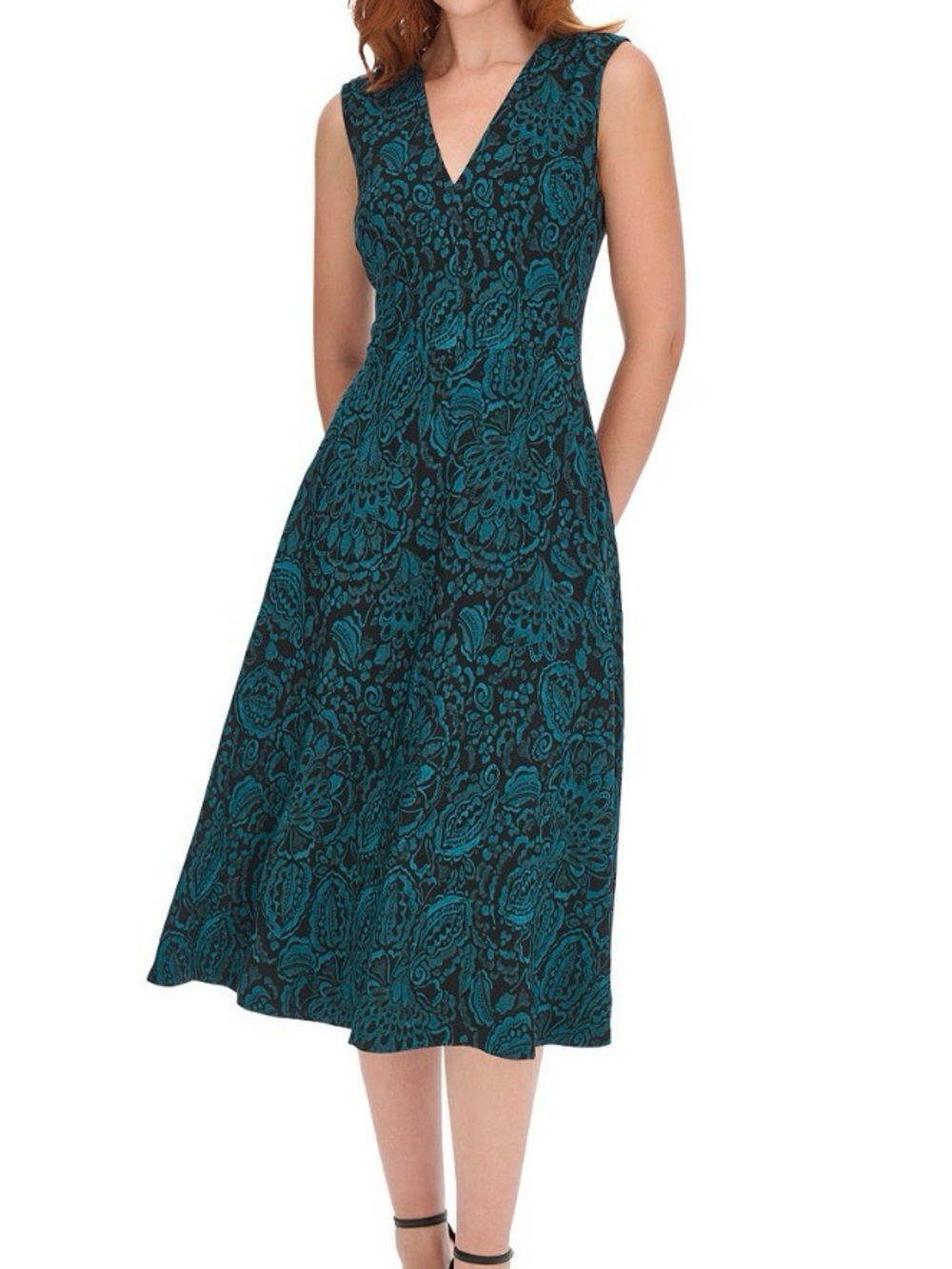 NWOT Tommy Hilfiger V-Neck Printed Midi Dress in Black/Cypress Size L Never Worn - Picture 2 of 4